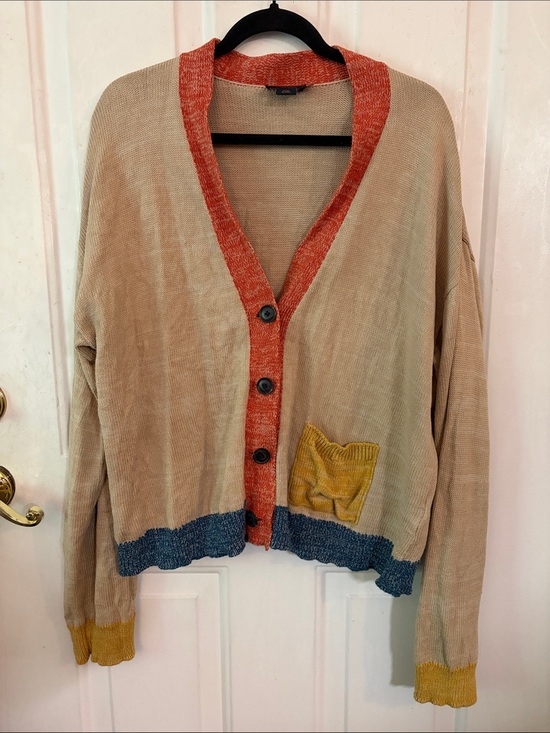 Pendleton Sweaters - Pendleton Beige Cardigan with Orange Trim and Blue Hem
